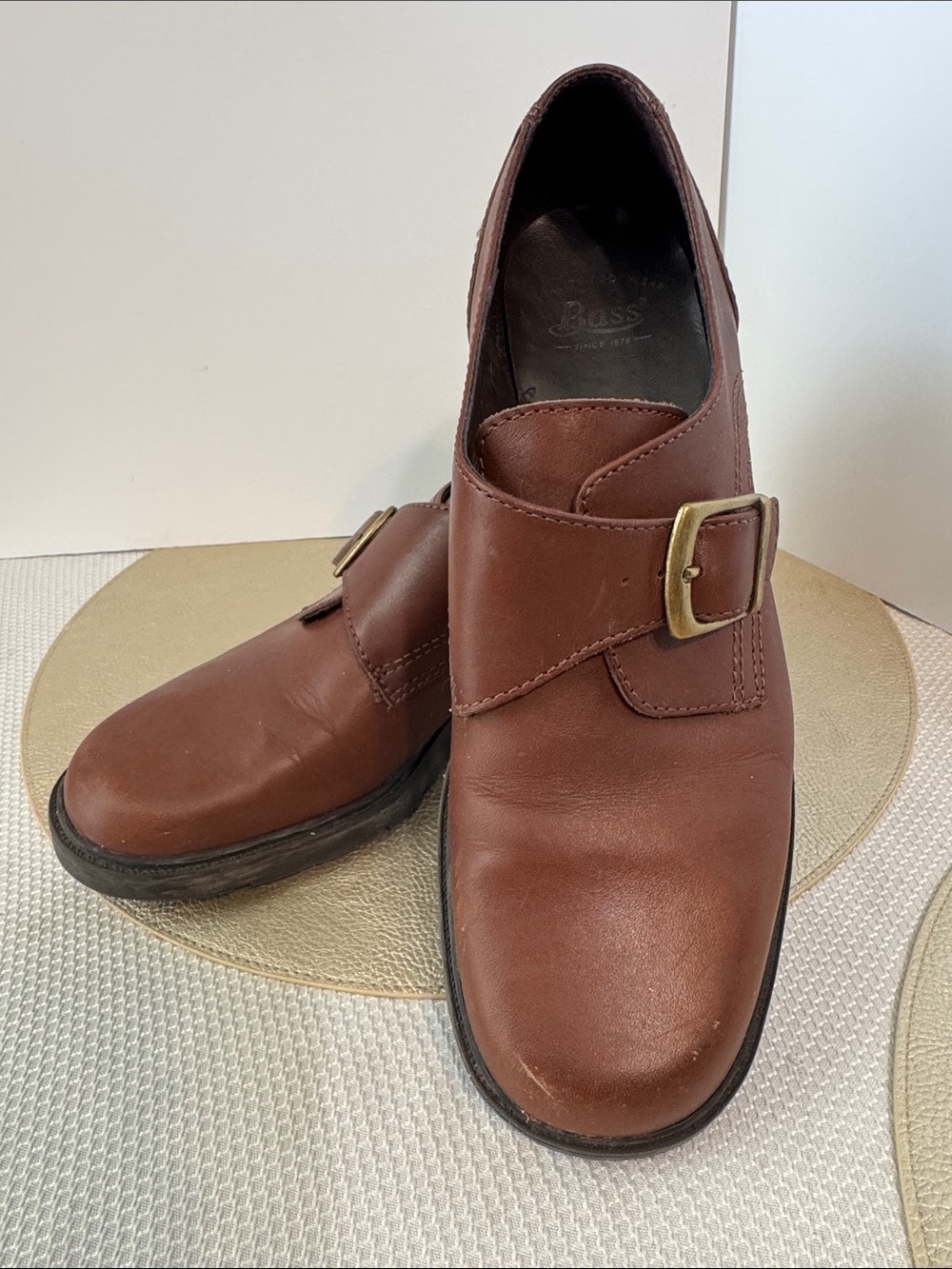Bass Brown Leather Monk Strap Oxfords with Brass Buckles